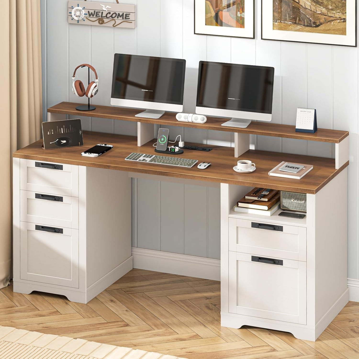 61 Inch White Executive Desk With Multifunctional Storage