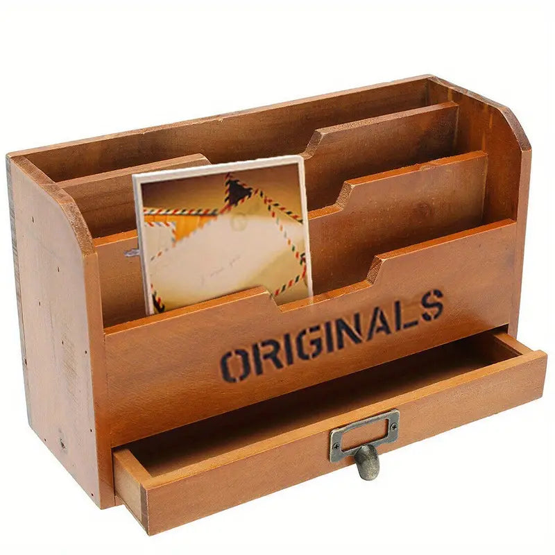 Vintage Wooden Letter Rack - Wall Mounted Office Organizer with Adjustable Grid Storage
