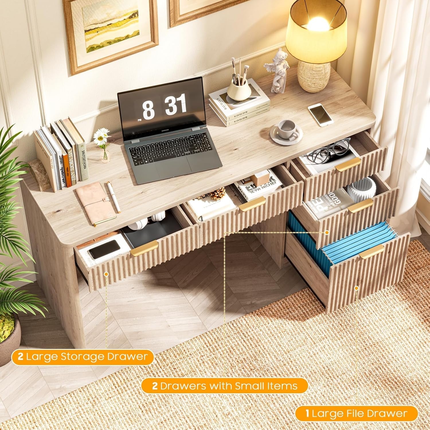 Fifty Nine Inches Fluted Oak Executive Desk Storage Drawers