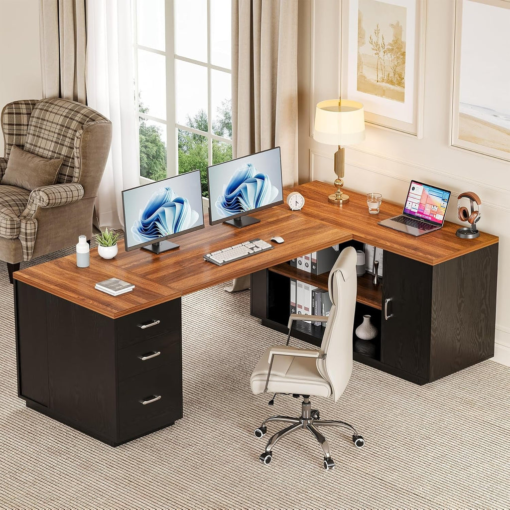 87 Brown Executive Desk Integrated Filing Cabinetry