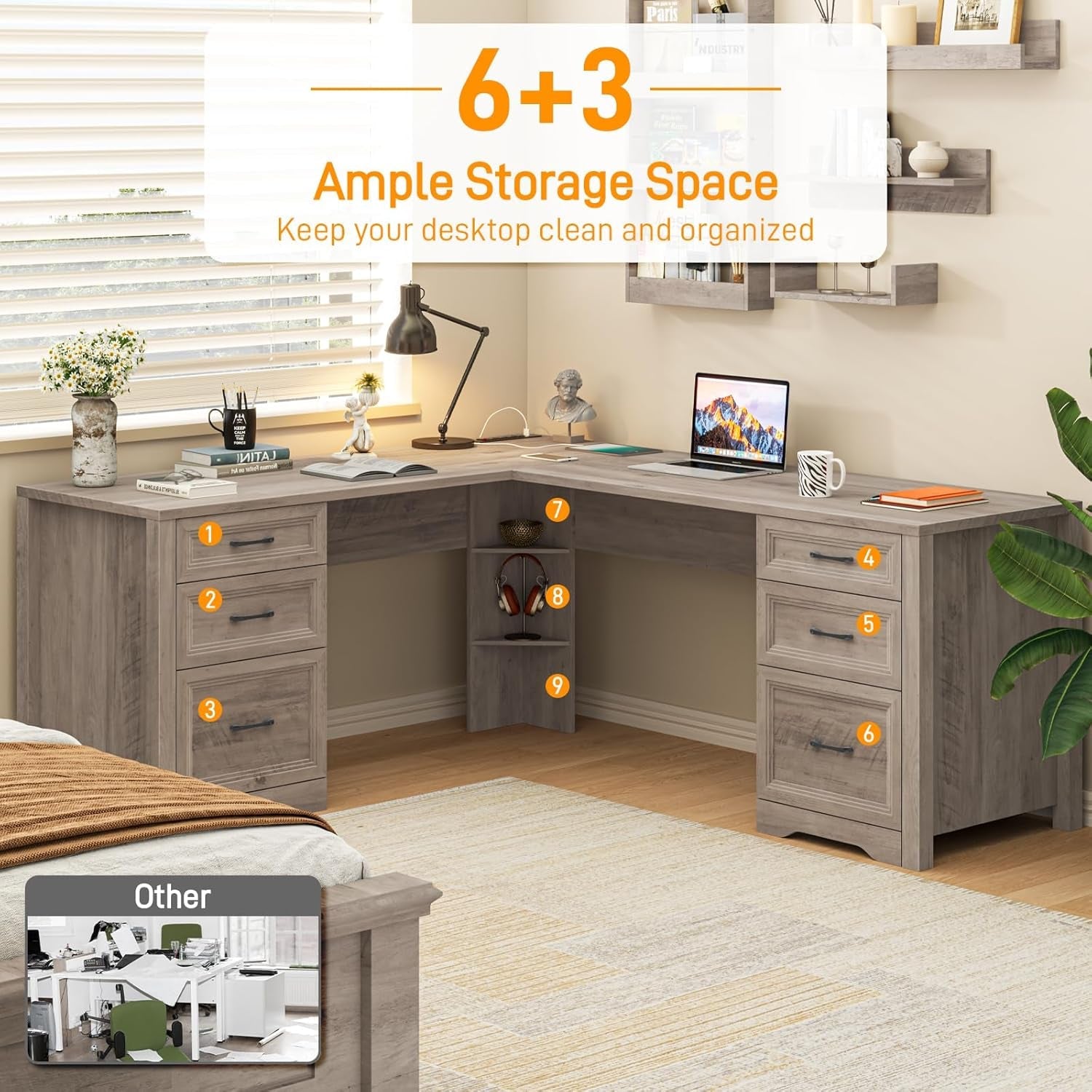 Grey L Shaped Executive Desk With Integrated Outlets