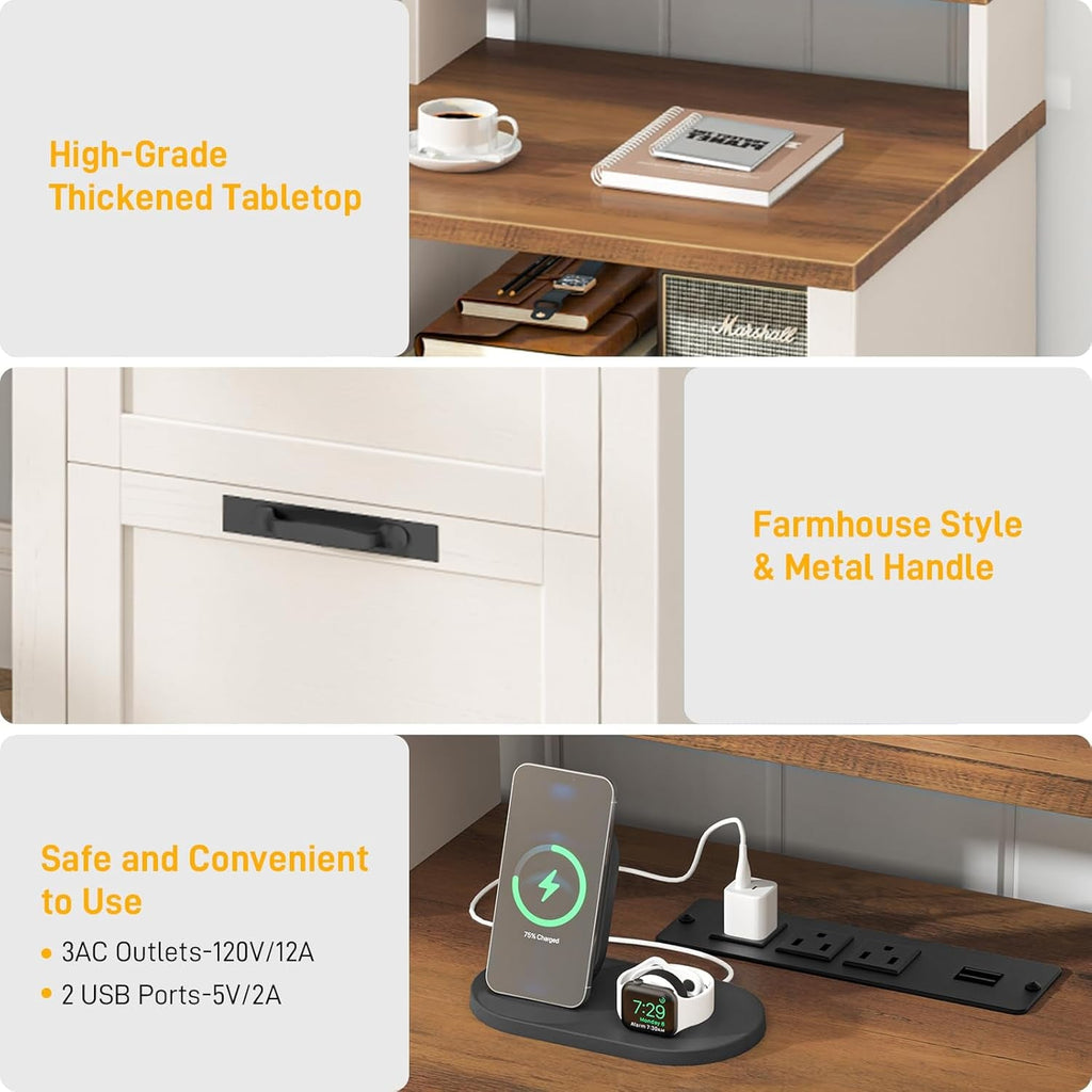 61 Inch White Executive Desk With Multifunctional Storage