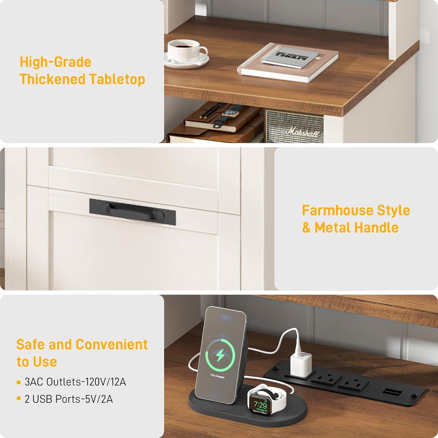 61 Inch White Executive Desk With Multifunctional Storage