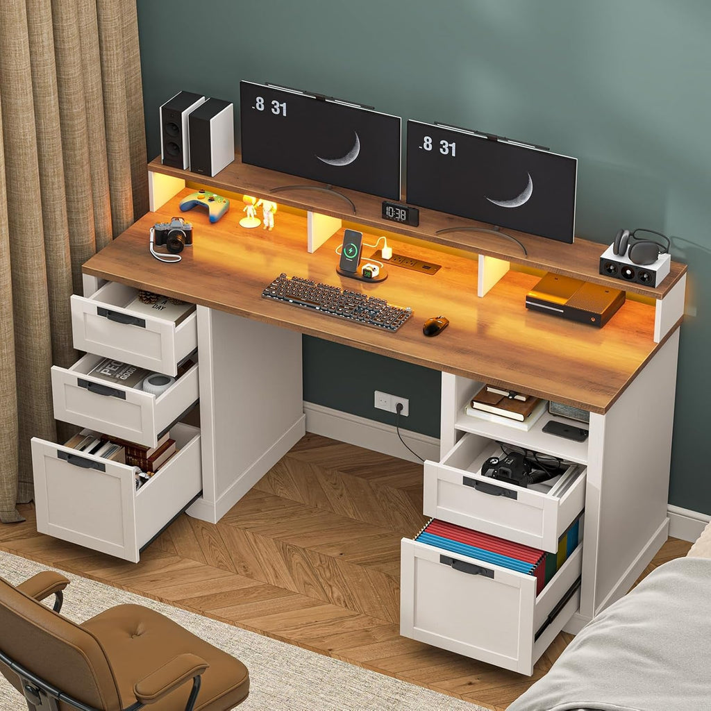 61 Inch White Executive Desk With Multifunctional Storage