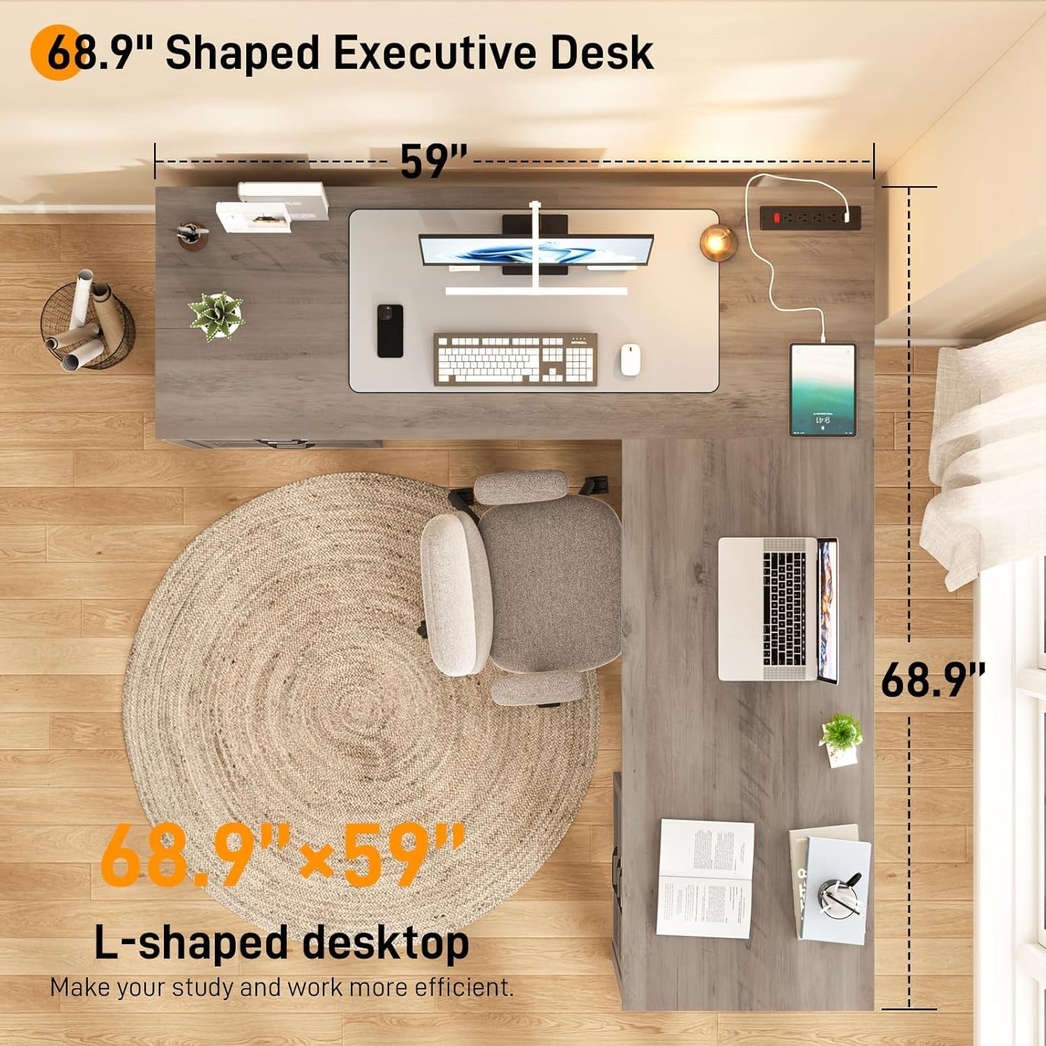 Grey L Shaped Executive Desk With Integrated Outlets