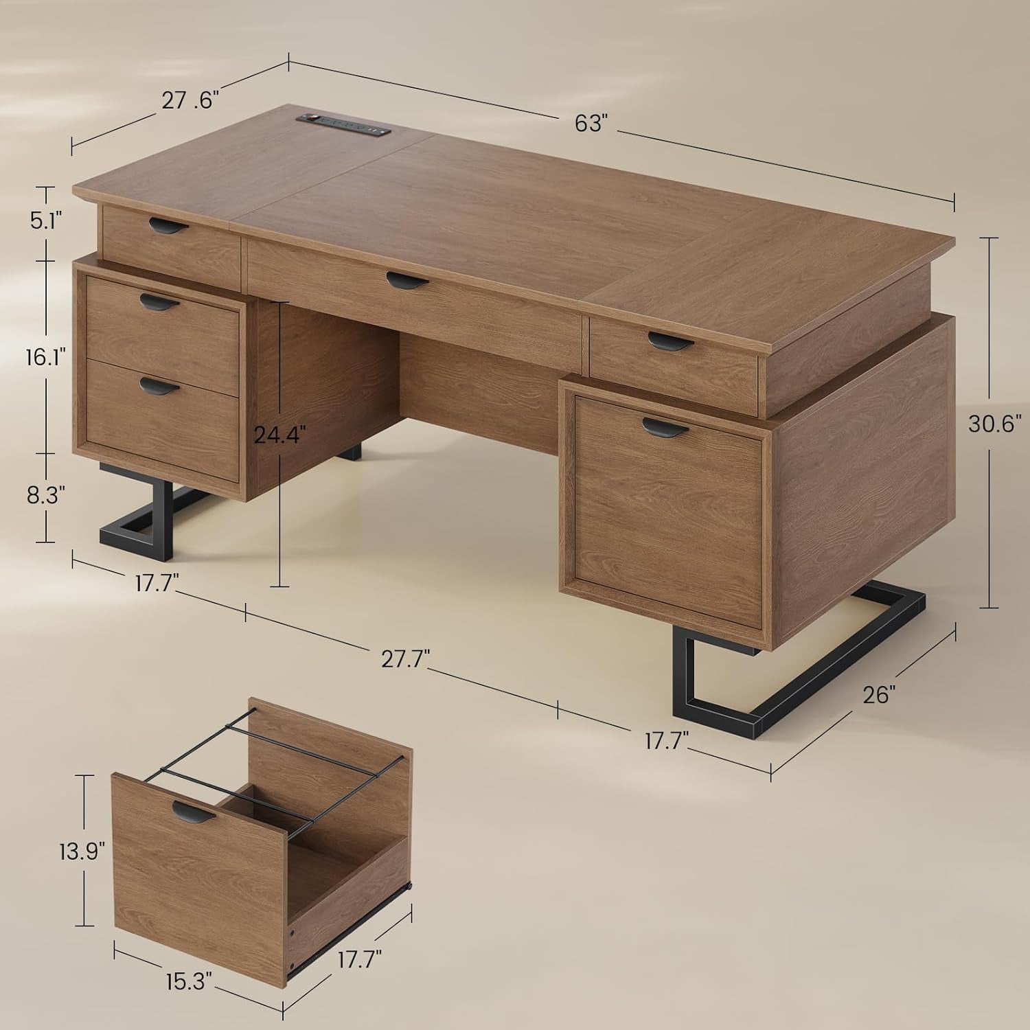 63 Inch Executive Desk With Integrated Charging Station