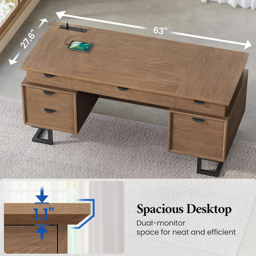 63 Inch Executive Desk With Integrated Charging Station