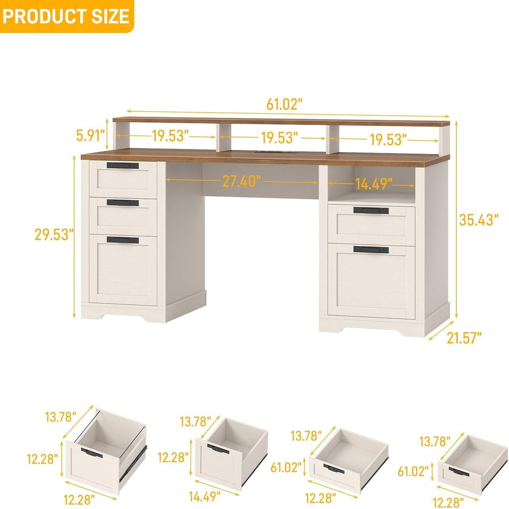 61 Inch White Executive Desk With Multifunctional Storage