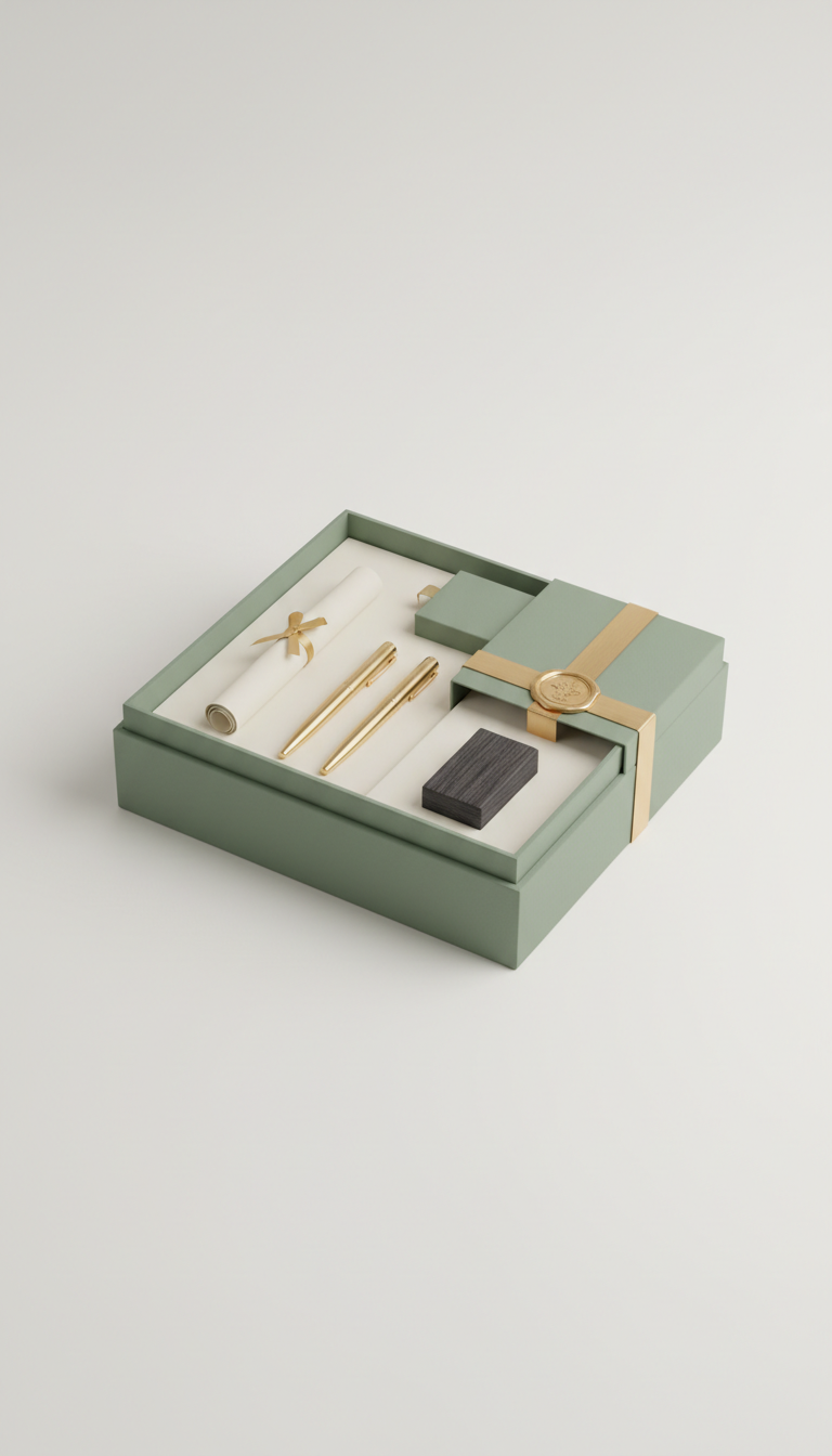 Leadership gift box with sage and gold packaging