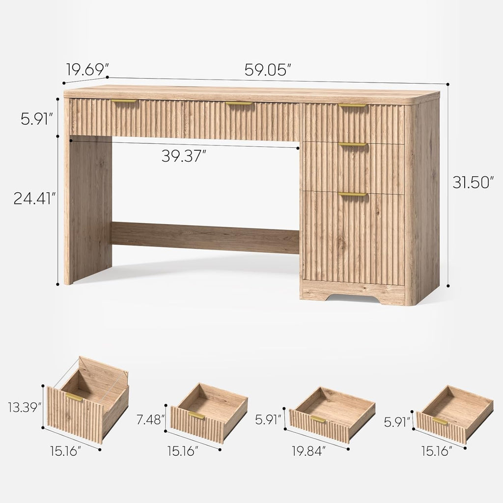 Fifty Nine Inches Fluted Oak Executive Desk Storage Drawers