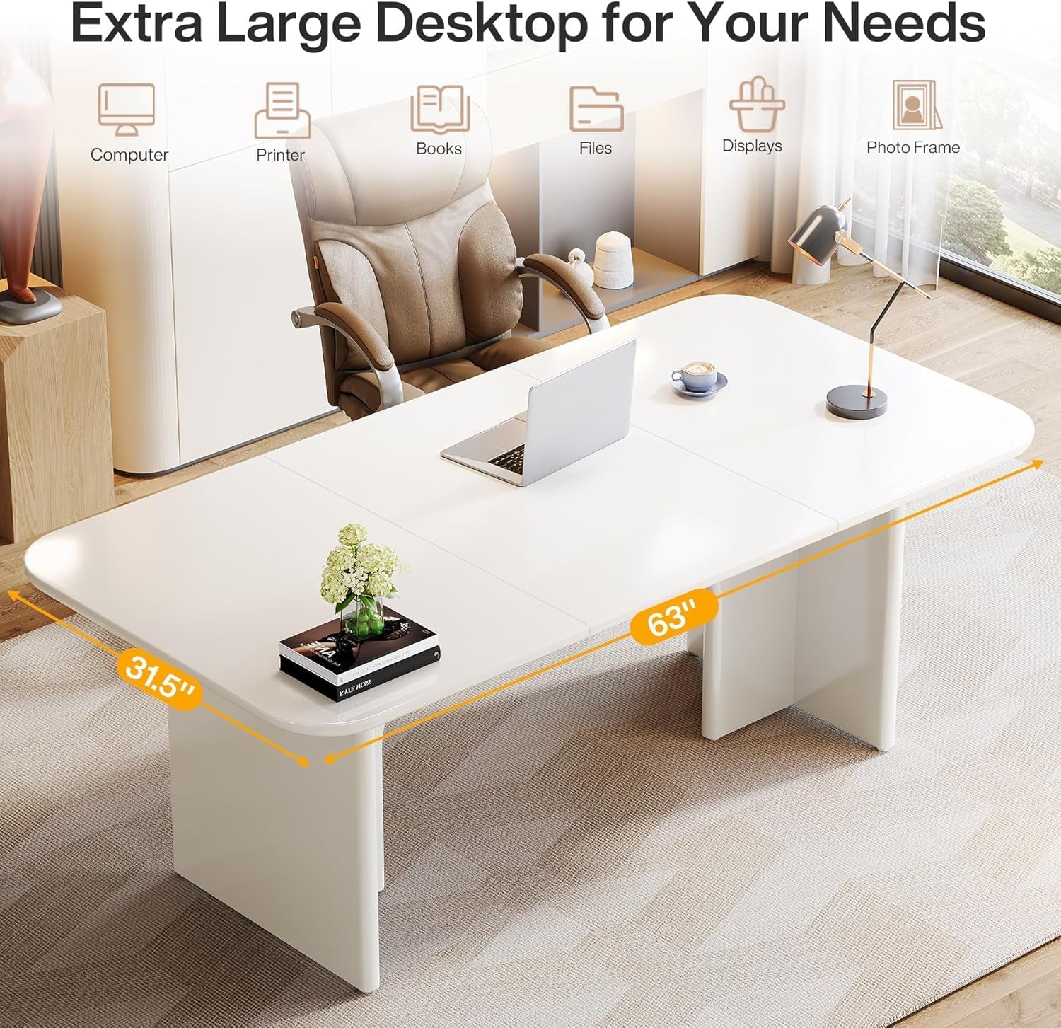 White 63Inch Professional Executive Desk Deluxe Plus