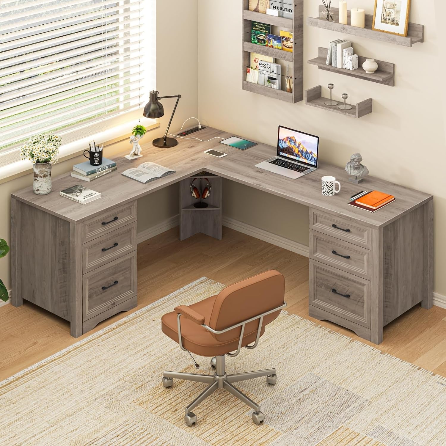 Grey L Shaped Executive Desk With Integrated Outlets