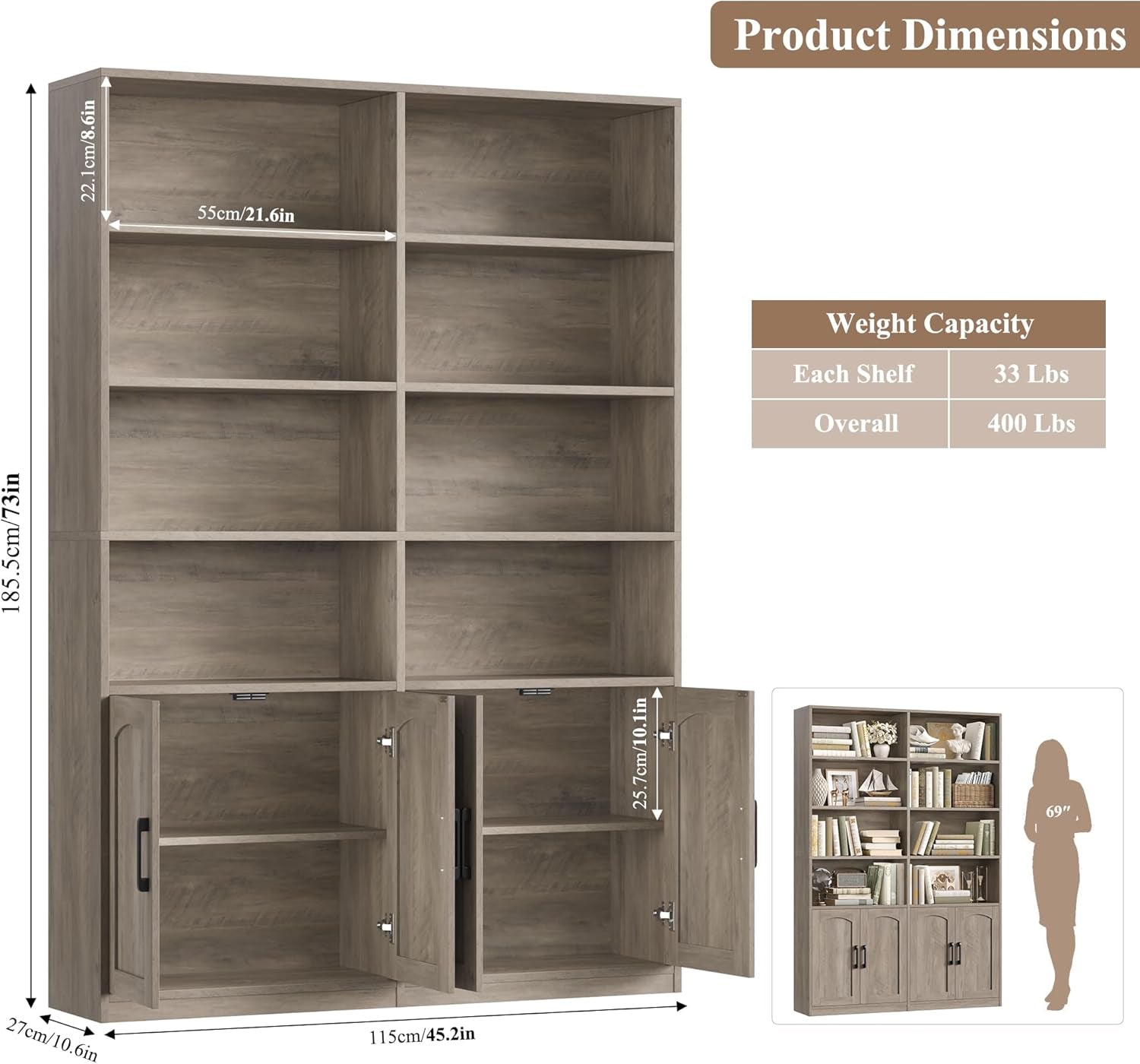 Washed Gray Tall BookcaseUnit With Storage Cabinets
