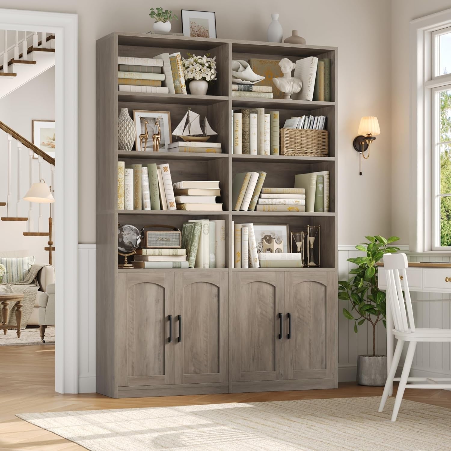 Washed Gray Tall BookcaseUnit With Storage Cabinets