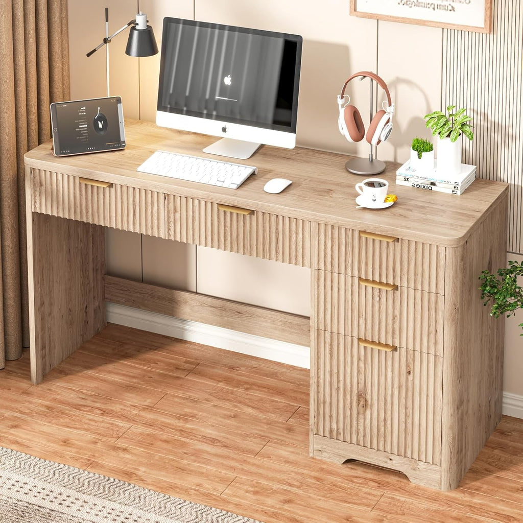 Fifty Nine Inches Fluted Oak Executive Desk Storage Drawers