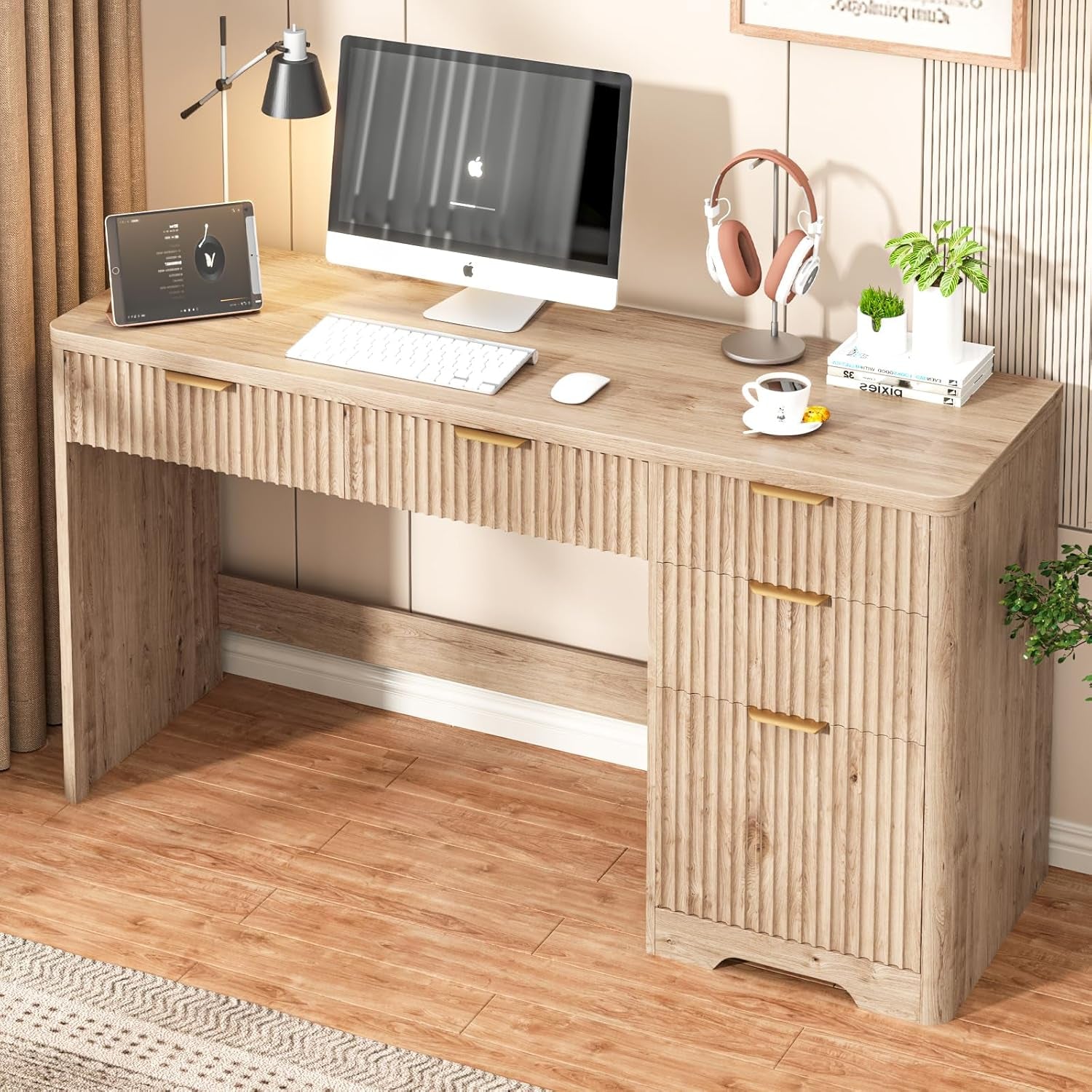 Fifty Nine Inches Fluted Oak Executive Desk Storage Drawers