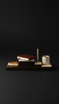 Walnut desk organizer with brushed metal accents