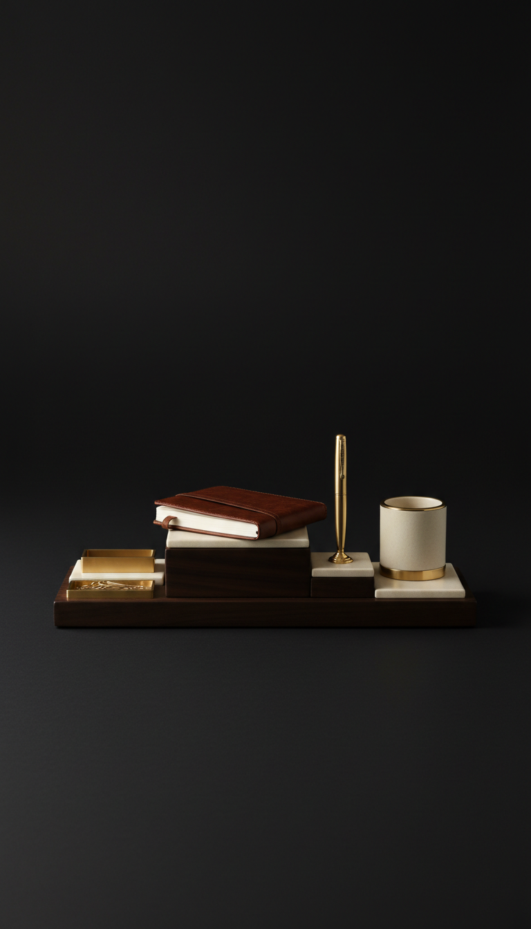 Walnut desk organizer with brushed metal accents